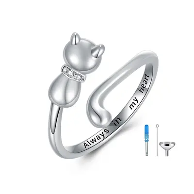 Sterling Silver Round Shaped Cubic Zirconia Cat Urn Ring with Engraved Word