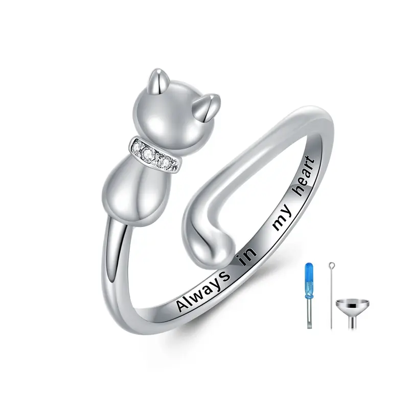 Sterling Silver Round Shaped Cubic Zirconia Cat Urn Ring with Engraved Word