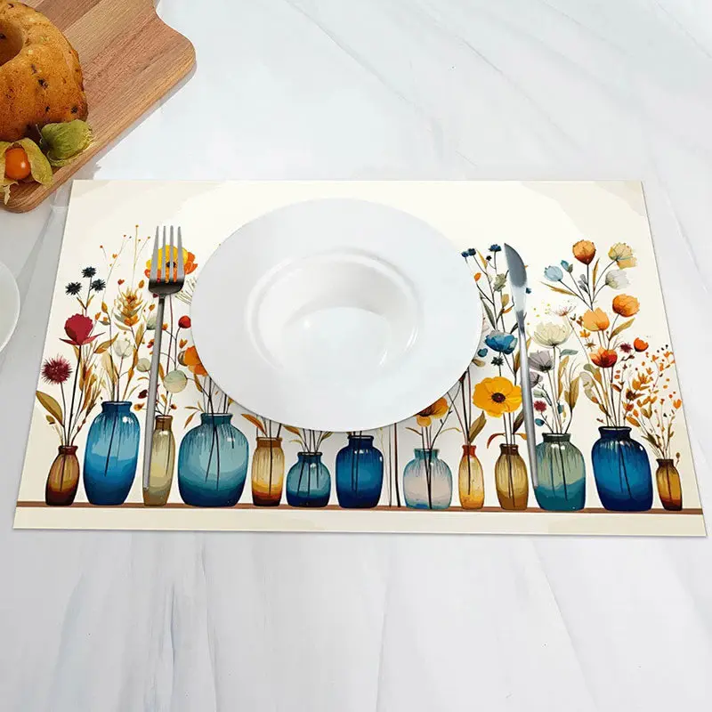 Colorful Floral Blue Vase Dining Set Of 4 Placemats - Aperturee