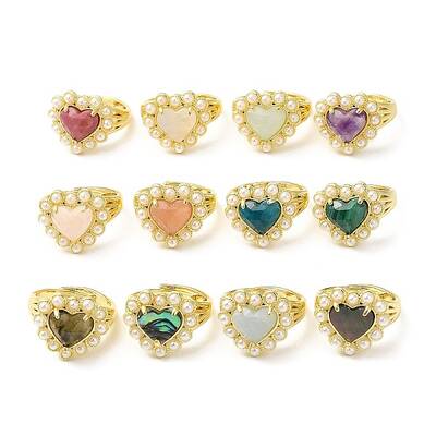 Ion Plating(IP) Natural Mixed Gemstone Heart Adjustable Ring with Plastic Pearl Beaded