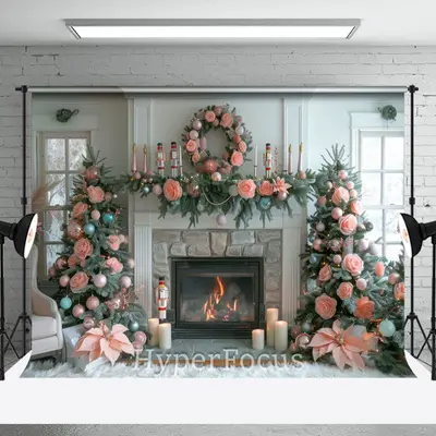White Room Pink Bow Tie Rose Tree Christmas Backdrop - Aperturee