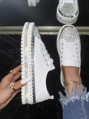 Women's Fashion Glittering Lace up Sneakers, Trendy Colorblock Soft Comfortable Sports Shoes, Casual Versatile Shoes for Dail...