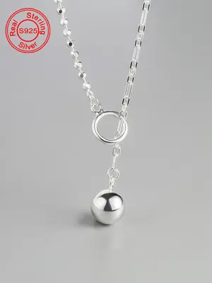 925 Sterling Silver Ball Decor Pendant Necklace, Fashion Jewelry Accessories for Party, Daily Clothing Decor for Girl, Trendy...