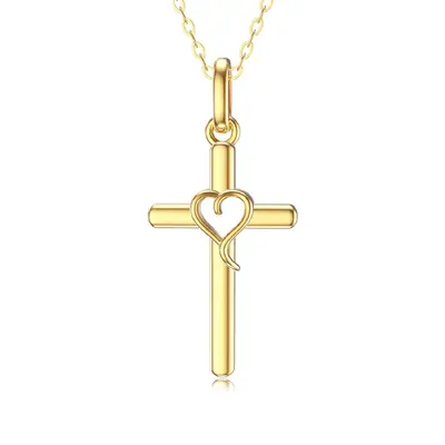 14K Gold Cross & Heart Pendant Necklace