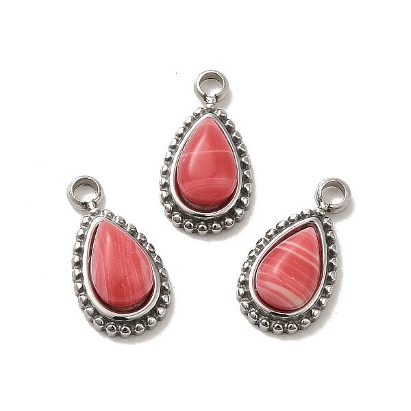 304 Stainless Steel Pave Natural Rhodochrosite Teardrop Charms