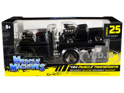 1966 Chevrolet C60 Flatbed Truck Matt Black and 1993 Chevrolet 454 SS Pickup Truck Matt Black Muscle Transports Series 1/64 D...