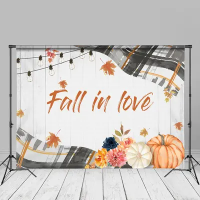 Fall In Love Pumpkin Floral White Wood Autumn Backdrop - Aperturee