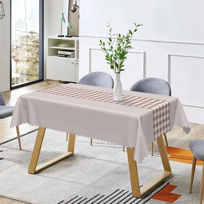 Brown White Grey Plaid Dining Rectangle Tablecloth - Aperturee