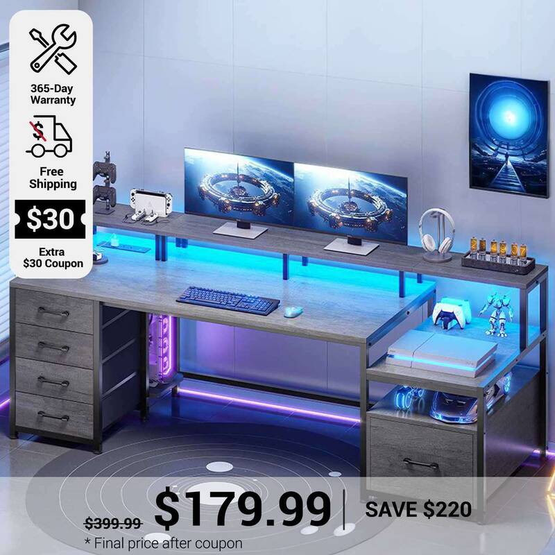 SEDETA | 75 Inch LED Gaming Desk Large Computer Desk with 5 Drawers and Storage Shelves for Home Office Grey Home Office Furn...
