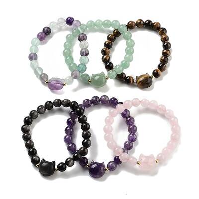 Round & Cat Head Natural Mixed Stone Beaded Stretch Bracelets for Women