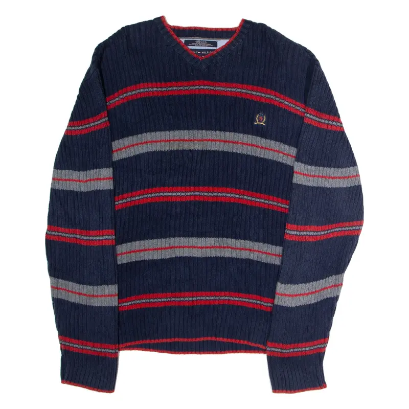 TOMMY HILFIGER Mens Patterned Jumper Blue Striped V-Neck 90s 2XL