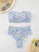 Women's Floral Print Bikini Set, Casual Frill Trim Shirred Bandeau Swim Bra & High Waist Swim Panty, Swimsuit for Beach Holid...