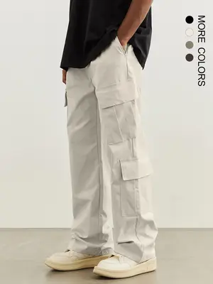 Men's Plain Drawstring Waist Cargo Pants, Loose Street Casual Flap Pocket Wide Leg Trousers, Summer Pants for Men, Men Bottom...
