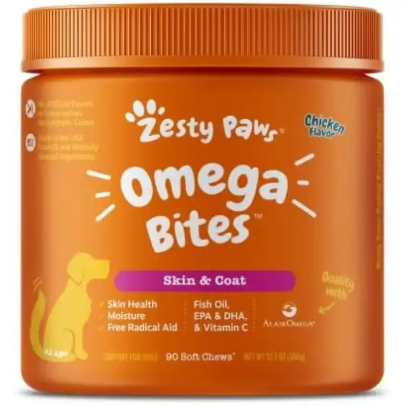 Zesty Paws Omega Bites for Dogs, Soft Chew Dog Treats Omega 3 Fatty Acid Fish Oil with EPA & DHA for Dog Skin and Coat