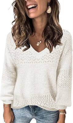 Womens Sweaters 2025 Fall V Neck Long Sleeve Hollow Knit Pullover Sweaters for Women