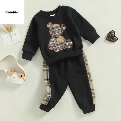 Baby Girls Boys Pants Set, Long Sleeve Crew Neck Bear Sweatshirt with Elastic Waist Plaid Sweatpants