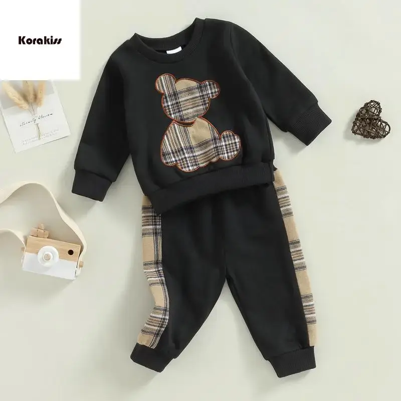 Baby Girls Boys Pants Set, Long Sleeve Crew Neck Bear Sweatshirt with Elastic Waist Plaid Sweatpants