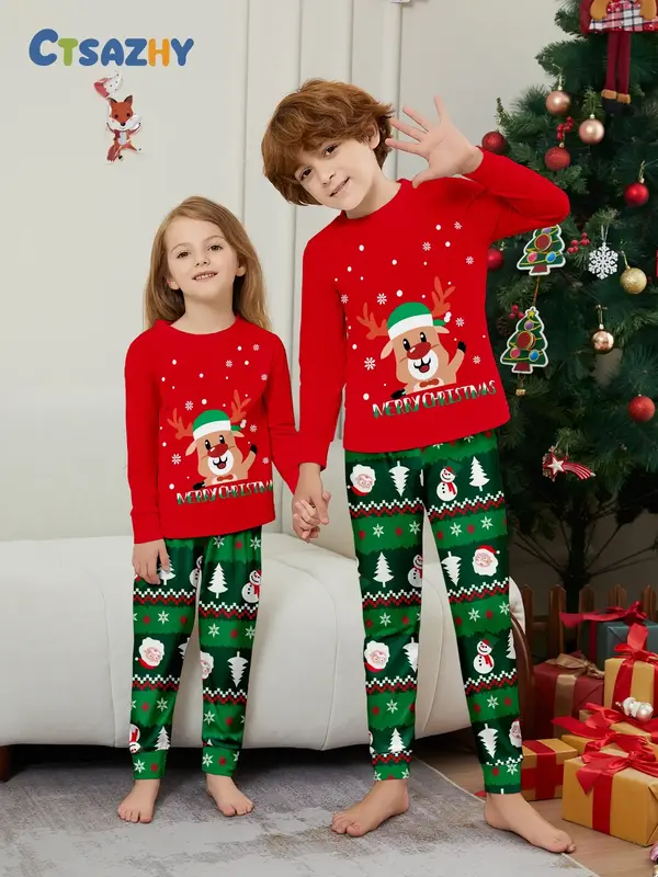 Reindeer Print Pajama Set, Casual Fitted Sleepwear for Fall & Winter, Comfortable Daily Wear for kid Ages 2-14 Years