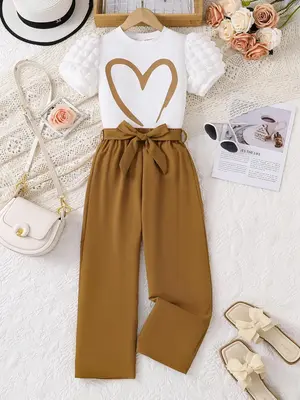 Girl's Heart Print Short Sleeve Tee & Belted Pants Two-Piece Set, Casual Round Neck T-Shirt & Trousers for Daily Wear,Ā Child...