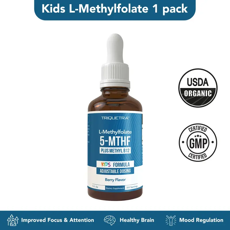 Triquetra Organic Kids Methylfolate + Methyl B12 Cofactor - Organic Berry Flavor, Liquid Form 5-MTHF Form Adjustable Dosing; ...