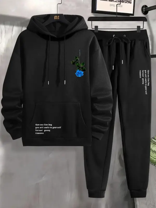 Two-piece Set Men's Floral & Letter Print Sweatpants Set, Valentine's Day Fashion Casual Outfits for Daily Workout Running, L...