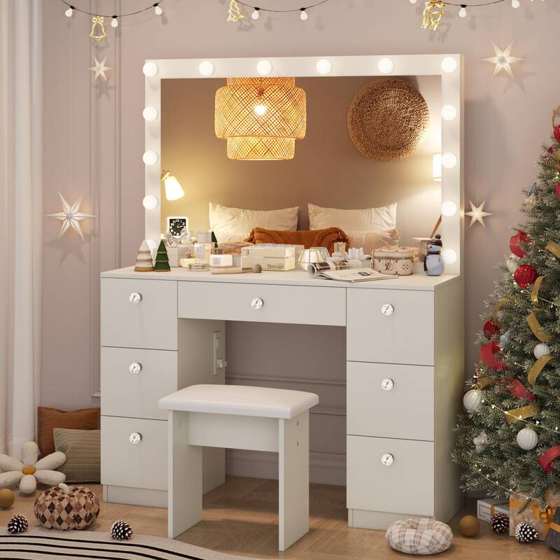 VOWNER 58Tall Makeup Vanity Desk Set With Power Outlet, 14 Bulbs And Mirror, 7 Drawers