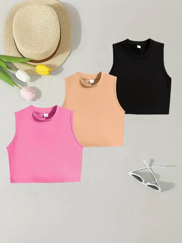 Girl's Solid Color Tank Top, Casual Sleeveless Top for Summer, Kids Clothes for Daily Wear
