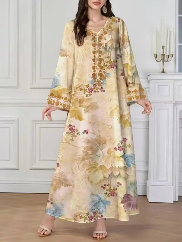 Women's Ethnic Style Embroidered Maxi Dress, Loose-Fit Long Sleeve Woven Fabric, All-Season Fashionable Outwear Dress