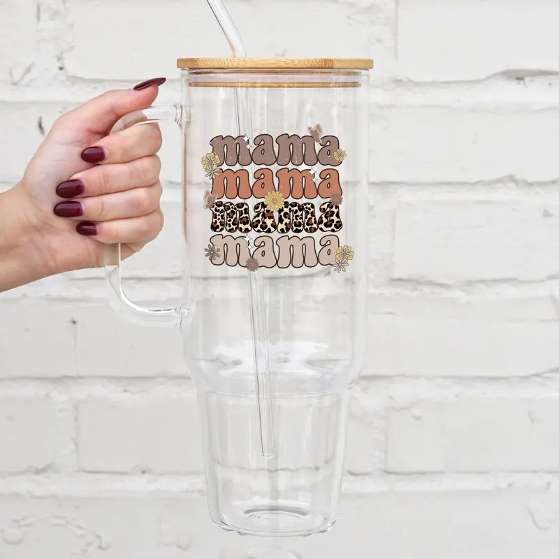 Sip-Sip Hooray! Retro Leopard Mama Glass Can Cup with Lid & Straw – Mother’s Day Gift, Aesthetic Mama Tumbler, Reusable D...