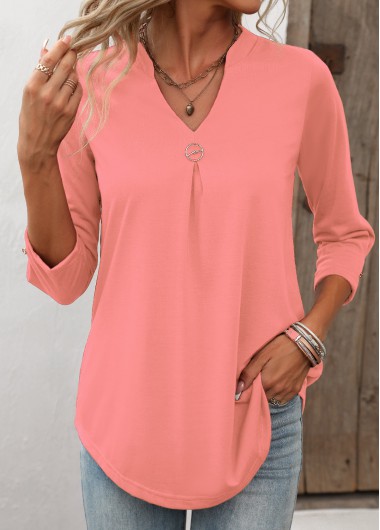 Modlily Split Neck Pink Circular Ring T Shirt - XXL