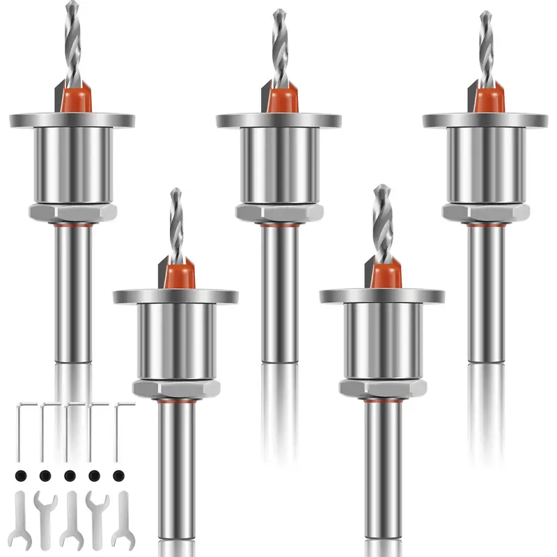 5 Counts Limit Countersink Drill Bit Set Adjustable Tapered Countersunk Drill Bit Set Alloy Steel Round Shank Wood Countersin...
