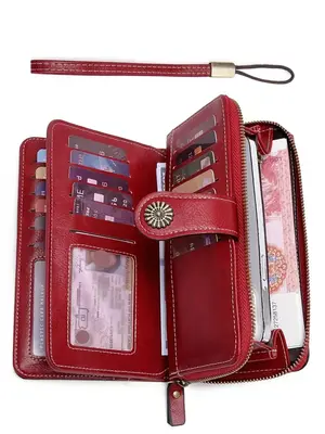 Women's Simple Style Plain Color Long Wallet with Card Slots, Casual Trendy Versatile Id Window Zipper Wallet with Wrist Stra...