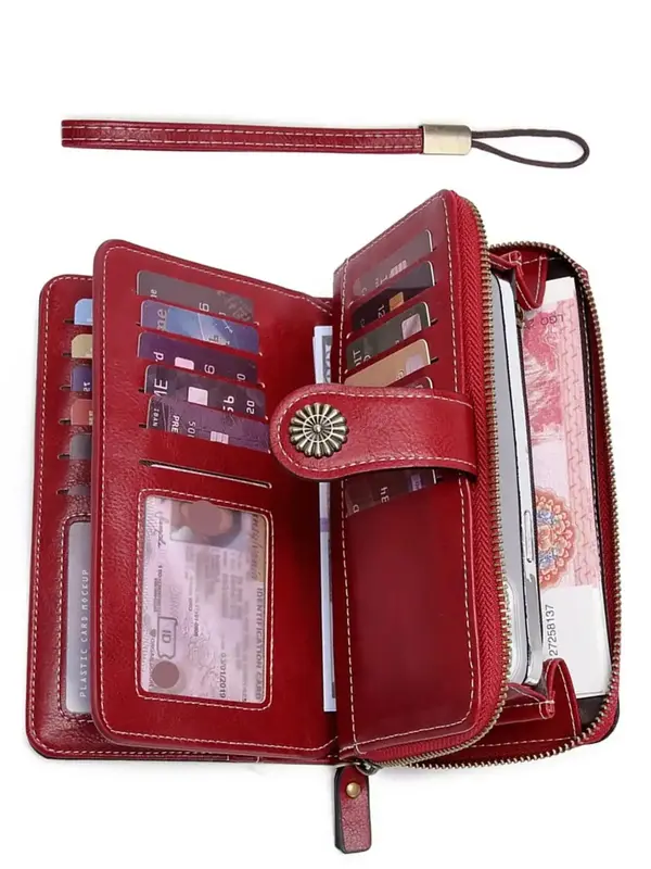 Women's Simple Style Plain Color Long Wallet with Card Slots, Casual Trendy Versatile Id Window Zipper Wallet with Wrist Stra...