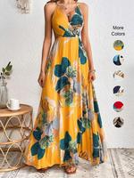 Women's Floral Print Backless Split Thigh Wrap Dress, Summer Clothes Women, Lady Casual Bohemian Spaghetti Strap Sleeveless D...