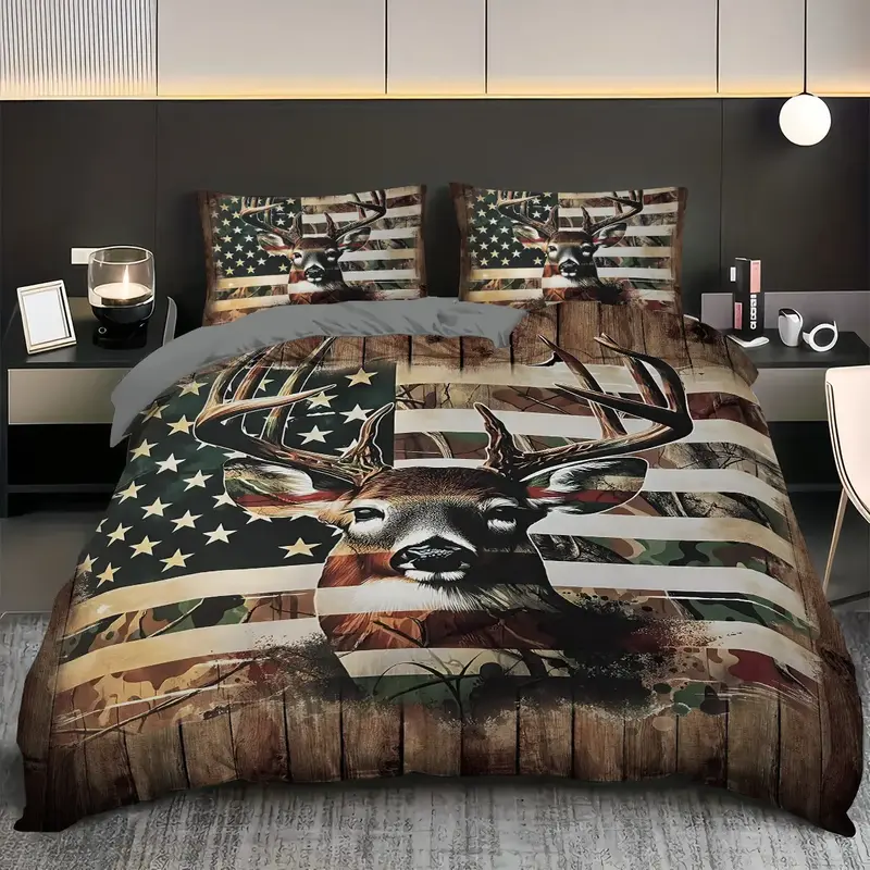 Deer & American Flag Pattern Duvet Cover Set, 3 Counts/set Including 1 Duvet Cover & 2 Pillowcase without Filler, Soft Comfor...