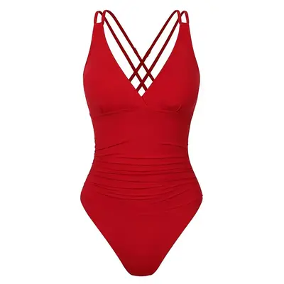 Aprilake Women's One Piece Swimsuit Tummy Control V Neck Double Straps Crisscross Back Bathing Suit