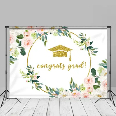 Pink White Floral Glitter Graduation Backdrop For Photo - Aperturee