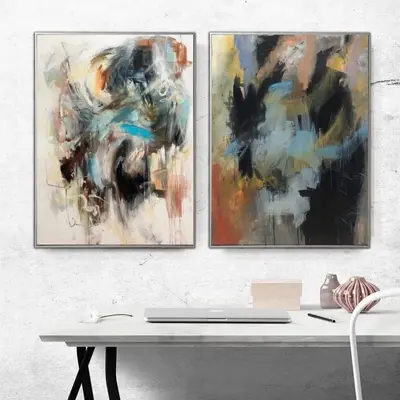 Set of 2 Paintings Abstract Colorful Painting Canvas Diptych Wall Art Neutral Artworks Pastel Colors on Canvas Modern Wall Ar...
