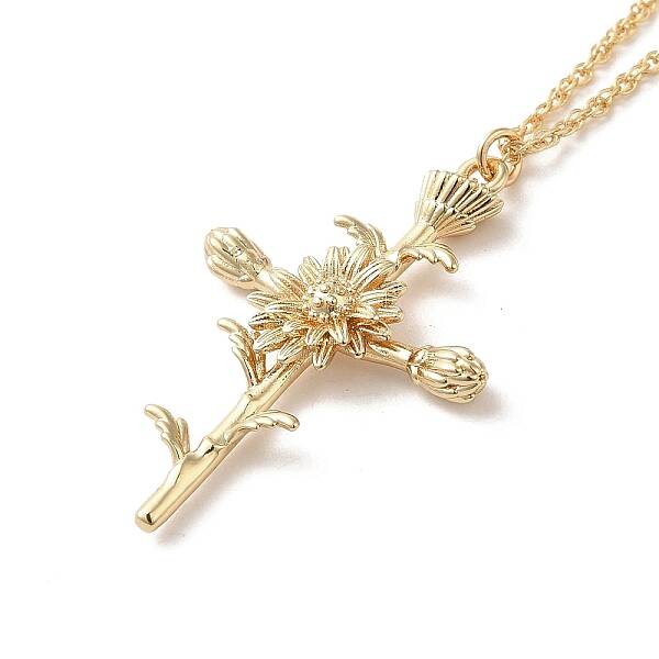 304 Stainless Steel Cross with Flower Pendant Necklaces for Women