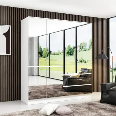 FUFU&GAGA 3 Types Mirror Wardrobe Armoire with Drawers, Full Length Glass Mirrors, 2 Smooth Sliding Drawers & Hanging Rod for...