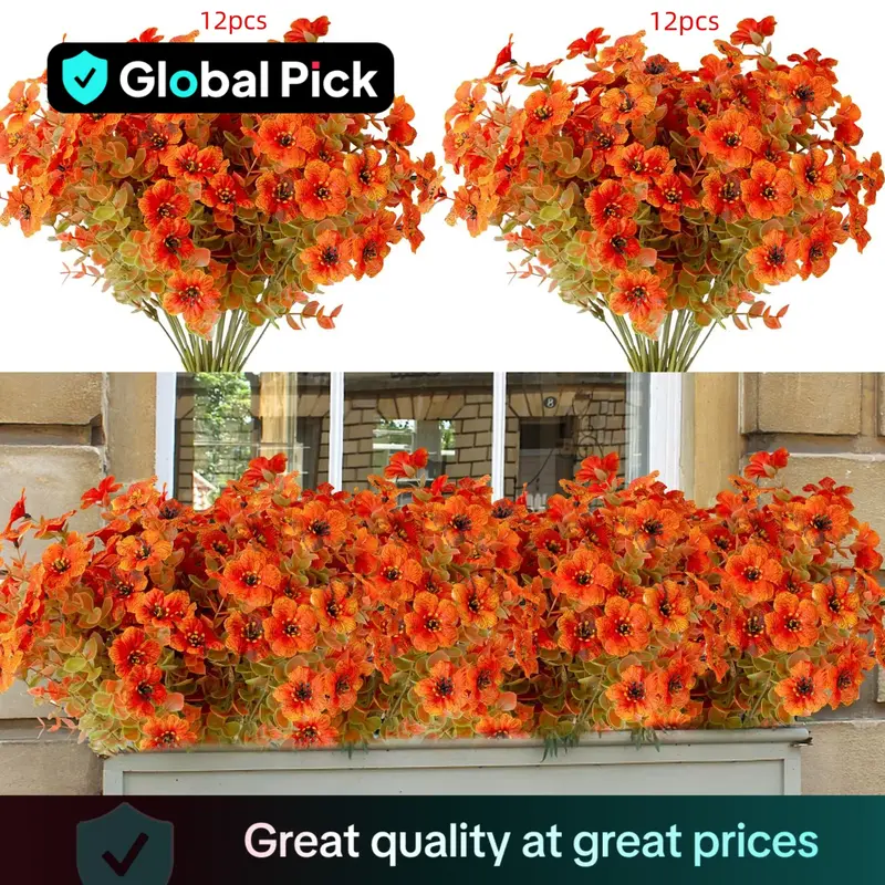Artificial Fall Flower, 12pcs Outdoor UV Resistant Autumn Fake Flower, Decorative Plastic Greenery Shrub Plant for Wedding Ho...