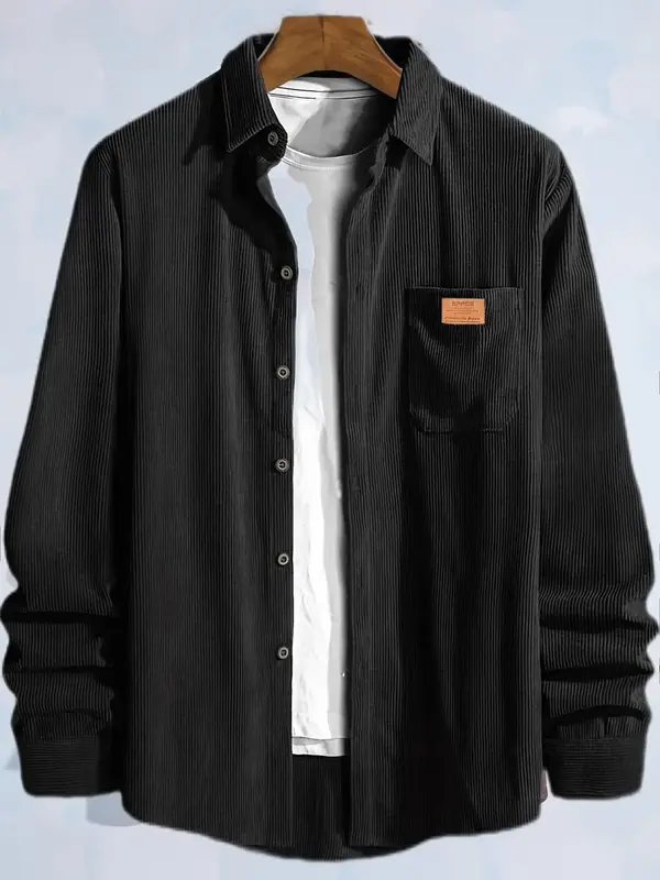 Men's Plain Letter Patched Corduroy Jacket without Tee, Casual Button Front Pocket Jacket for Fall & Winter, Men's Outerwear ...