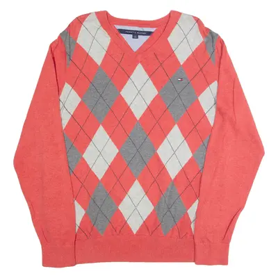 TOMMY HILFIGER Mens Patterned Jumper Pink Argyle Tight Knit L