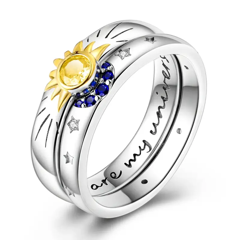 MULA Universe Galaxy Ring Set | 925 silver plated sun and star design, plated with platinum and gold | Engraved You are my ...