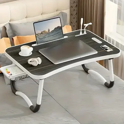 [cozy]Extra Large Portable Laptop Bed Desk Folding Table, Computer Stand with Cup Holder and Drawer - Multi-Functional Tray w...