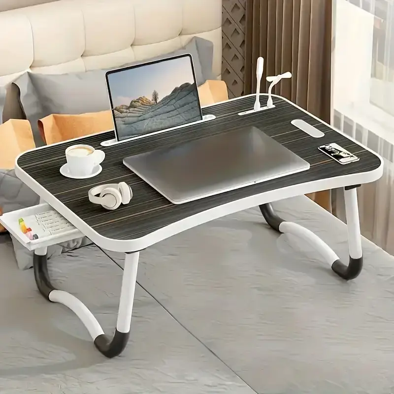 [cozy]Extra Large Portable Laptop Bed Desk Folding Table, Computer Stand with Cup Holder and Drawer - Multi-Functional Tray w...