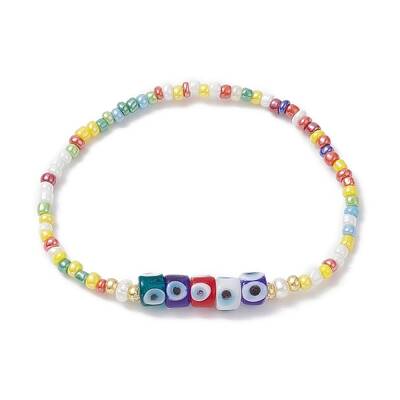 Natural Pearl & Evil Eye Lampwork & Seed Beaded Stretch Bracelet for Women