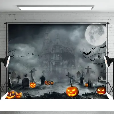 Black Grey Old Castle Moon Night Halloween Backdrop - Aperturee