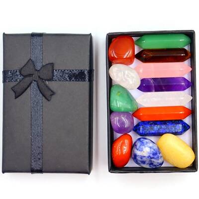 14Pcs Chakra Nuggets & Hexagonal Prism Mixed Natural Gemstone Healing Stones Set