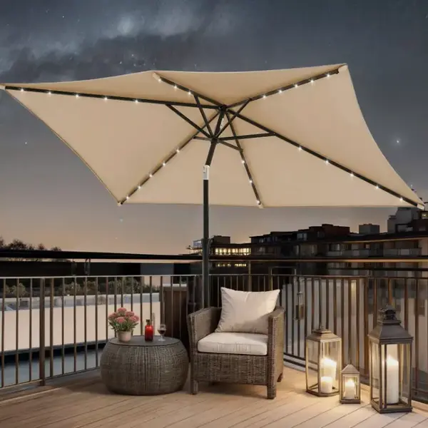 DWVO 10 x 6.5ft Outdoor Patio Umbrella, Base not included, Sun Shade Tilt with LED Light Solar Beige/Red/Blue